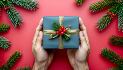 Top-down view of hands holding a wrapped gift with a green bow and red berries against a vibrant red background surrounded by pine branches for a merry Christmas celebration.
