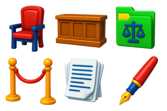 Courtroom Icon Set. 3D icon set of courtroom objects: law chair, wooden bench, case folder, rope divider, document pile, ink pen.