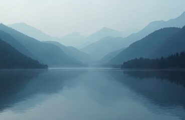 Misty blue mountains layered over calm water. Foggy morning over a serene lake and distant forest hills. Peaceful natural landscape reflection in the quiet liquid surface.