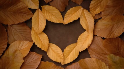 Fototapeta premium Heart Shape Created with Autumn Leaves on a Dark Background, Perfect for Seasonal Themes and Nature-Themed Projects