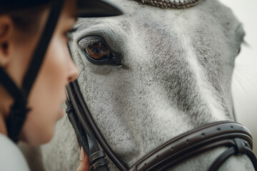 Intimate close-up of a gray horse's eye and bridle with a rider's blurred profile, capturing equestrian bond and tack detail