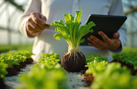 Researcher in white lab coat monitors plant growth in greenhouse. Scientist examines lettuce roots, uses digital tablet for data management. Modern farmer controls vegetable development, researches - Powered by Adobe