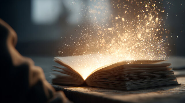 Open book with sparkling light and floating particles on a textured surface. Concept of magical reading, inspiration, and inner awakening
