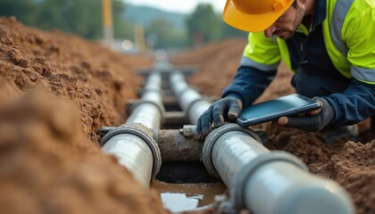 Construction worker inspects water pipes in trench before digging. Man in hard hat checks digital tablet for utility lines, ensuring safety and proper placement for new project.