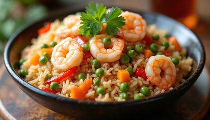 Closeup of shrimp fried rice dish with peas carrots and red pepper. Savory meal in dark bowl garnished with parsley. Delicious Asian cuisine presentation with fresh ingredients.