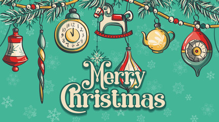 Naklejka premium Festive vintage Christmas banner with retro ornaments, rocking horse, clock, teapot, bell, and snowflakes hanging from pine branches on a teal background. Ideal for holiday projects and winter themes.