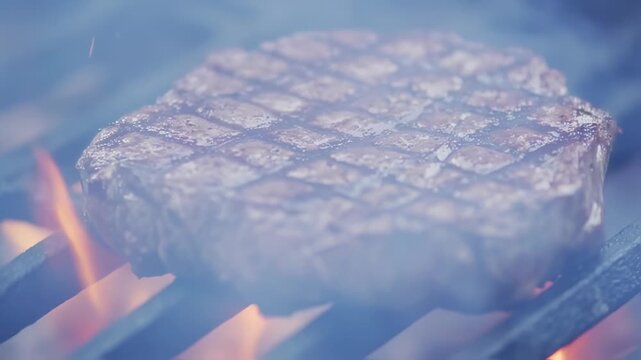Grilled steak on a hot grill, with char marks and smoke rising