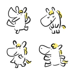 墨絵のかわいい白馬の色々なポーズセット　万歳・お辞儀・考える・走る　正月素材