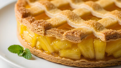 Delicious homemade pineapple pie with lattice crust and fresh mint.