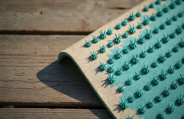 Acupressure mat with turquoise spikes lies on rustic wooden planks. Alternative health device provides physical therapy, acupressure, relaxation. Helps with pain relief, stress reduction, improving