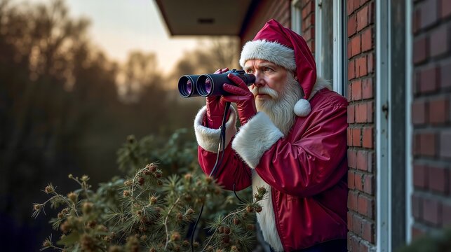 A man dressed as Santa Claus looking through binoculars in front of a house