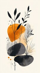 A painting of a tree with leaves and rocks