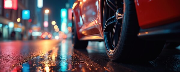 Red car tire on wet city street at night. Colorful blurred lights reflect on the wet asphalt road surface. Urban background with bokeh effects.