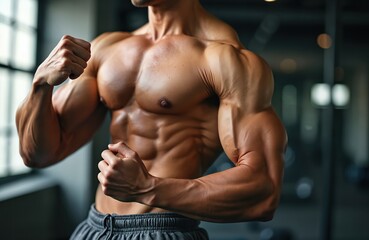 Asian male athlete poses, flexing powerful defined muscles, toned abs. Shirtless man shows muscular physique after intense workout in gym. Strong bodybuilder displays sculpted arms, chest, torso,