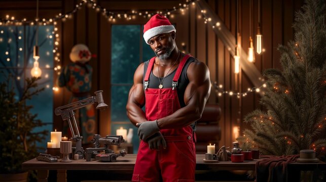 A man in a santa hat standing in front of a christmas tree - Powered by Adobe