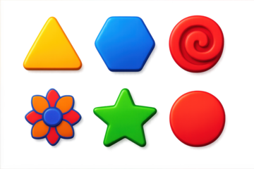 Vibrant 3D Geometric Icons. 3D icon set of geometric symbols: triangle, hexagon, spiral, mandala, star, circle. A set of 3D-style