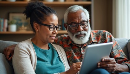 Elderly African American couple sits on sofa, looking at tablet. They review finances together, plan future, show digital literacy and happy home life together.