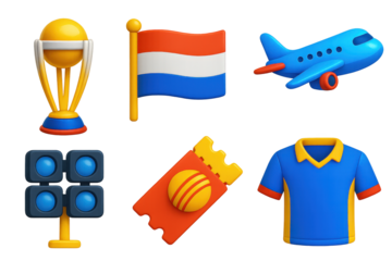 Cricket Icon Set. 3D icon set of international cricket: world cup trophy, national flag, airplane travel, stadium lights, match