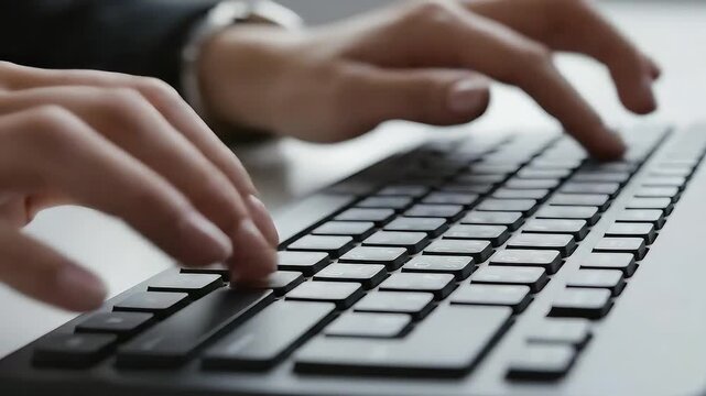 Close up view of businessman hands typing fast on a computer keyboard in a bright white office environment showing productivity and hard work background video