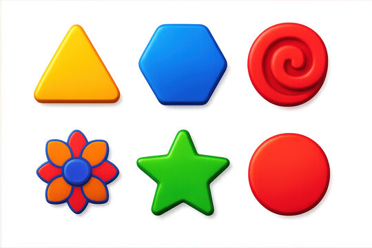 Vibrant 3D Geometric Icons. 3D icon set of geometric symbols: triangle, hexagon, spiral, mandala, star, circle. A set of 3D-style