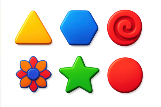 Vibrant 3D Geometric Icons. 3D icon set of geometric symbols: triangle, hexagon, spiral, mandala, star, circle. A set of 3D-style - Powered by Adobe