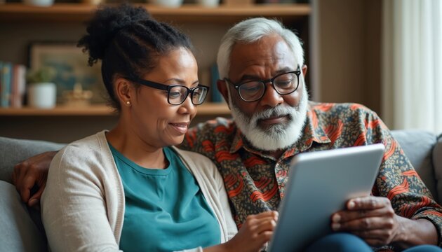 Elderly African American couple sits on sofa, looking at tablet. They review finances together, plan future, show digital literacy and happy home life together. - Powered by Adobe