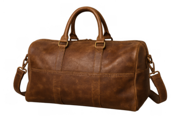 Brown leather duffel bag for travel and weekend trips, vintage style accessory on transparent background