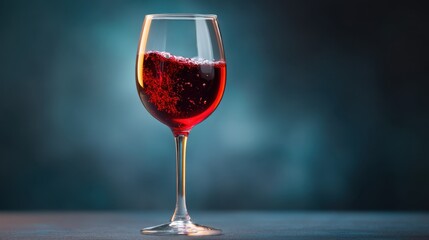 Naklejka premium Elegant Wine Glass Filled with Rich Red Wine on a Wooden Surface with Dramatic Lighting and Blurred Background for Fine Dining or Celebration Themes