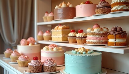 Assorted cakes and cupcakes are beautifully displayed on white shelves. Many sweet baked goods with colorful frosting, cream, and fruit toppings fill bakery shop. Perfect desserts for any celebration.