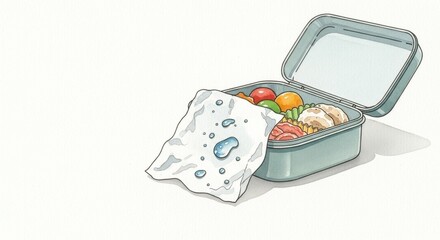 Water droplets on translucent food wrap over open lunchbox with colorful meal inside, minimalist watercolor style, representing freshness and meal prep