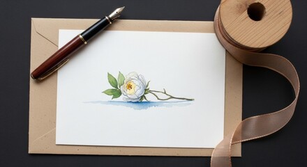 Watercolor style floral sketch on envelope with fountain pen and ribbon spool, minimalist elegant design representing thoughtful correspondence and invitations