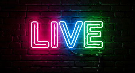 Glowing neon 'LIVE' sign with vibrant pink, blue, and green letters mounted on a dark brick wall, symbolizing a live event or broadcast