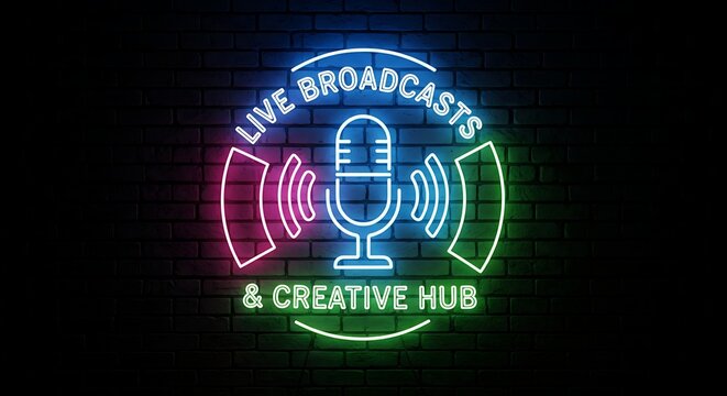 Vibrant neon light sign of a microphone, symbolizing a podcast studio, live broadcast, or creative hub on a dark brick wall background