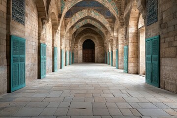 Obraz premium Soft-Lit Mosque Hall with Visitors Praying and Reflecting Together