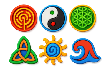 Vibrant Symbolic Icons. 3D icon set of symbolic patterns: labyrinth, yin yang, flower of life, Celtic knot, spiral sun, wave