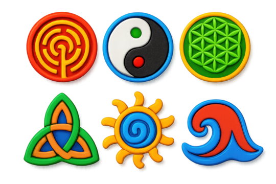 Vibrant Symbolic Icons. 3D icon set of symbolic patterns: labyrinth, yin yang, flower of life, Celtic knot, spiral sun, wave