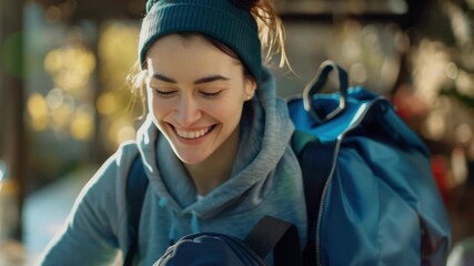Happy hiker smiling outdoors with gear