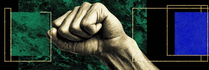 Fist Raised in Determination Against a Textured Green and Black Background With Geometric Shapes