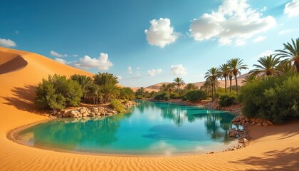 Oasis in arid desert has clear blue water. Green palm trees and rich bushes grow by lake shore. Golden sand dunes rise under vivid blue sky. This serene nature landscape shows contrast of life.