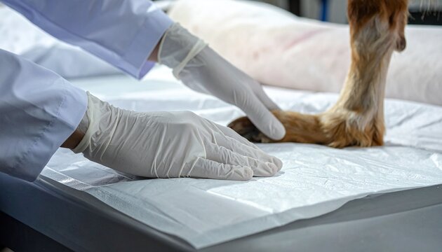 Veterinarian in white coat and gloves examining a horse's lower leg and hoof on a medical table