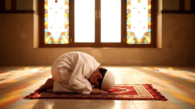 Child praying on a red mat in a mosque with vibrant stained glass light patterns