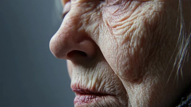 Elderly person's face closeup with wrinkles and creases