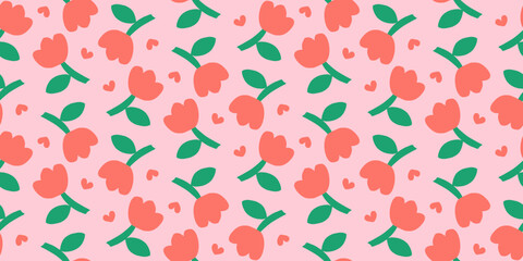 Hand-drawn red tulip seamless pattern with green leaves