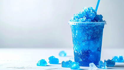 Bright blue slushy drink in cup with straw, white background, icy texture, tasty cold beverage.