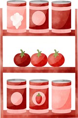 Colorful shelves with jars and tomatoes in a minimalist style  