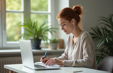Redhead woman in earphones concentrates, studying online at home. Uses modern laptop, taking important notes in notebook. Focused female learns remotely, working with computer indoors for digital