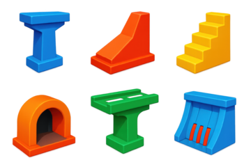 3D Concrete Icons. 3D icon set of concrete structures: bridge pillar, retaining wall, staircase block, tunnel arch, highway column