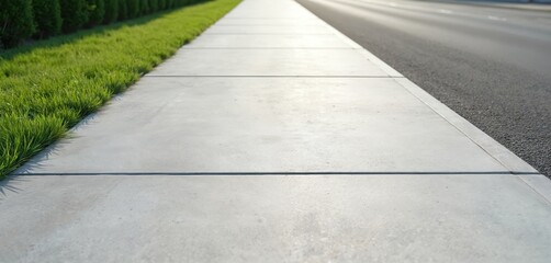 Obraz premium Clean grey sidewalk next to green grass and asphalt road. The pathway leads into the distance with a vanishing point effect. Suitable for urban planning, transport, or suburban lifestyle concepts.
