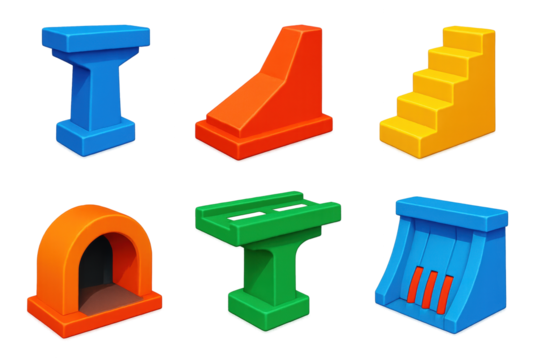 3D Concrete Icons. 3D icon set of concrete structures: bridge pillar, retaining wall, staircase block, tunnel arch, highway column