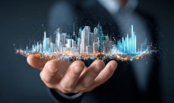 A Futuristic Cityscape Emerging from the Hand: Symbolizing Innovation and Growth in Urban Development